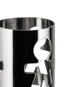 Silver metal holder by Alessi, featuring a reflective surface with a playful cut-out 'little men' pattern.