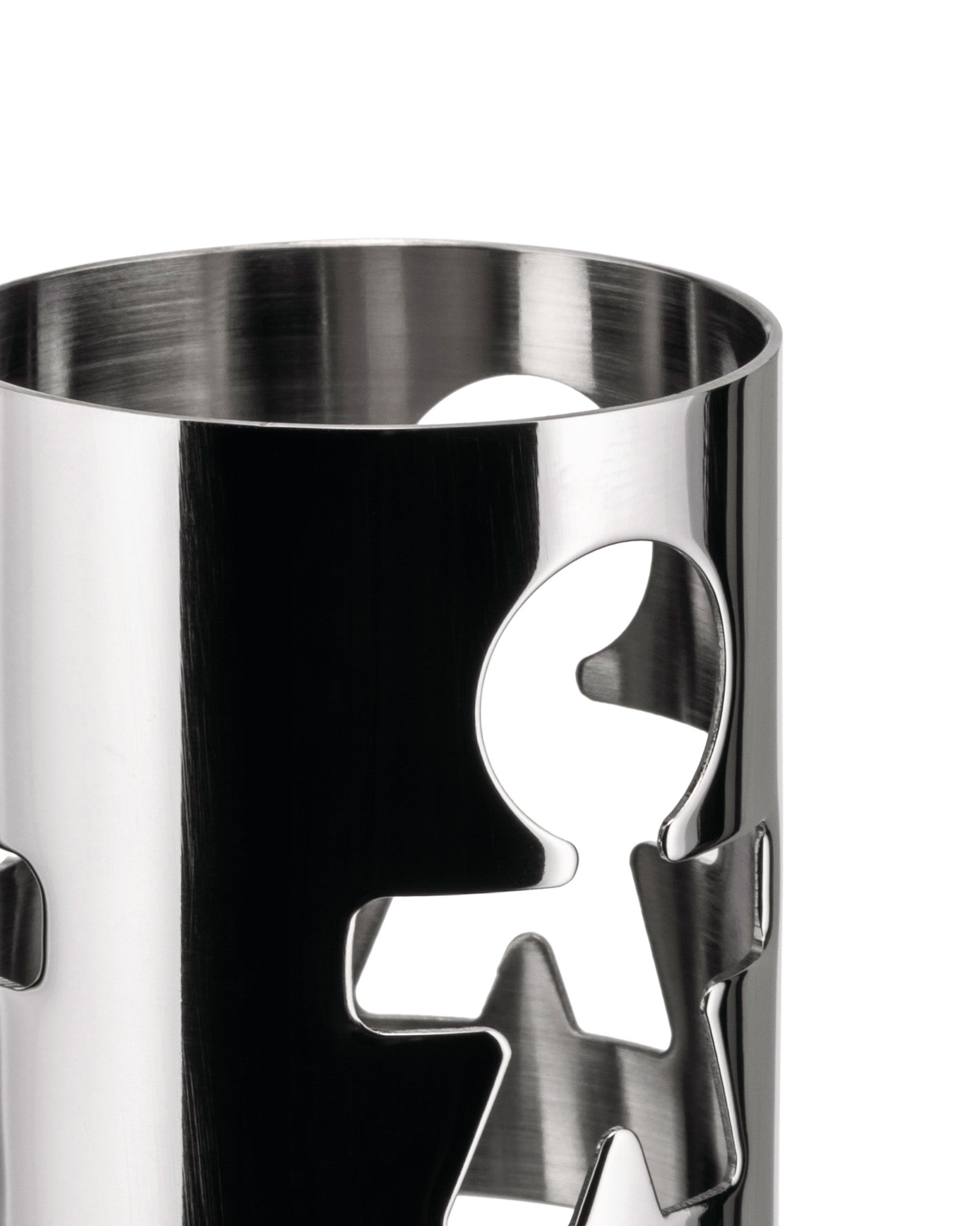 Silver metal holder by Alessi, featuring a reflective surface with a playful cut-out 'little men' pattern.