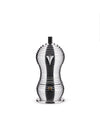 Silver ribbed moka pot by Alessi, with a sleek hourglass design, pointed spout, and a side pressure valve.