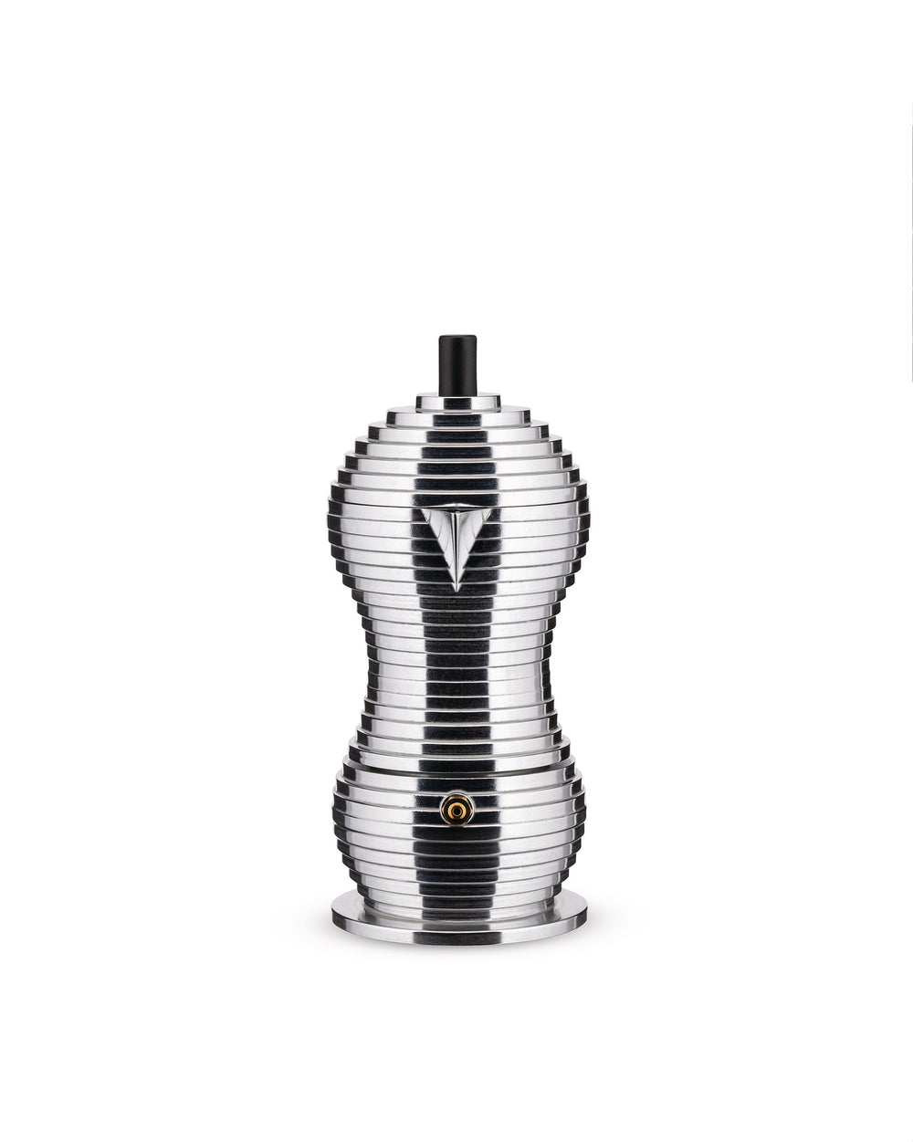 Silver ribbed moka pot by Alessi, with a sleek hourglass design, pointed spout, and a side pressure valve.