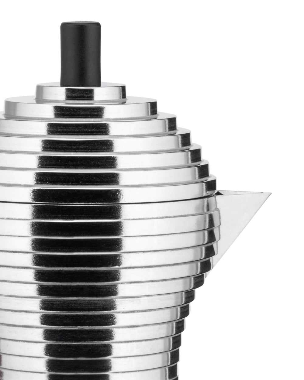 Shiny silver-toned tiered espresso maker by Alessi, with a black knob and pointed spout, cropped side view.