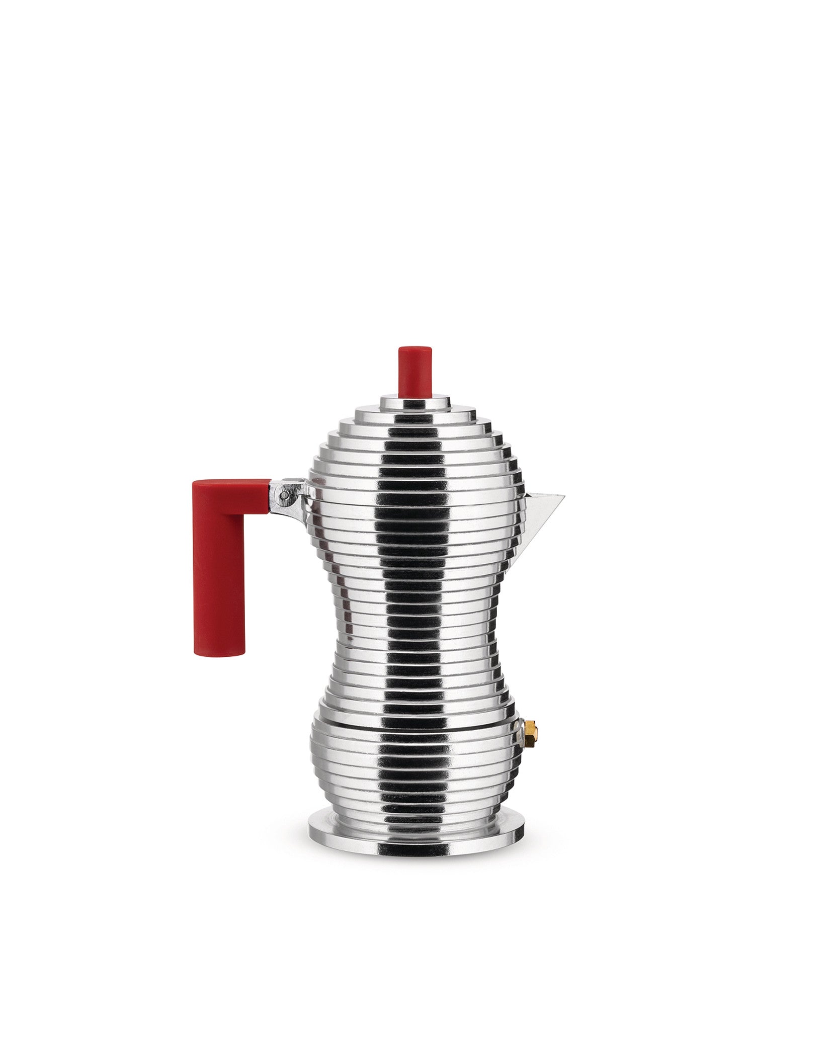 Silver Moka pot by Alessi with a ribbed metal body and red handle and knob.