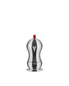 Silver metal coffee maker by Alessi with a ribbed, hourglass shape, featuring a prominent red top and a unique V-shaped spout.