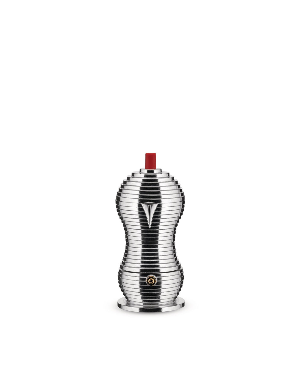 Silver metal coffee maker by Alessi with a ribbed, hourglass shape, featuring a prominent red top and a unique V-shaped spout.