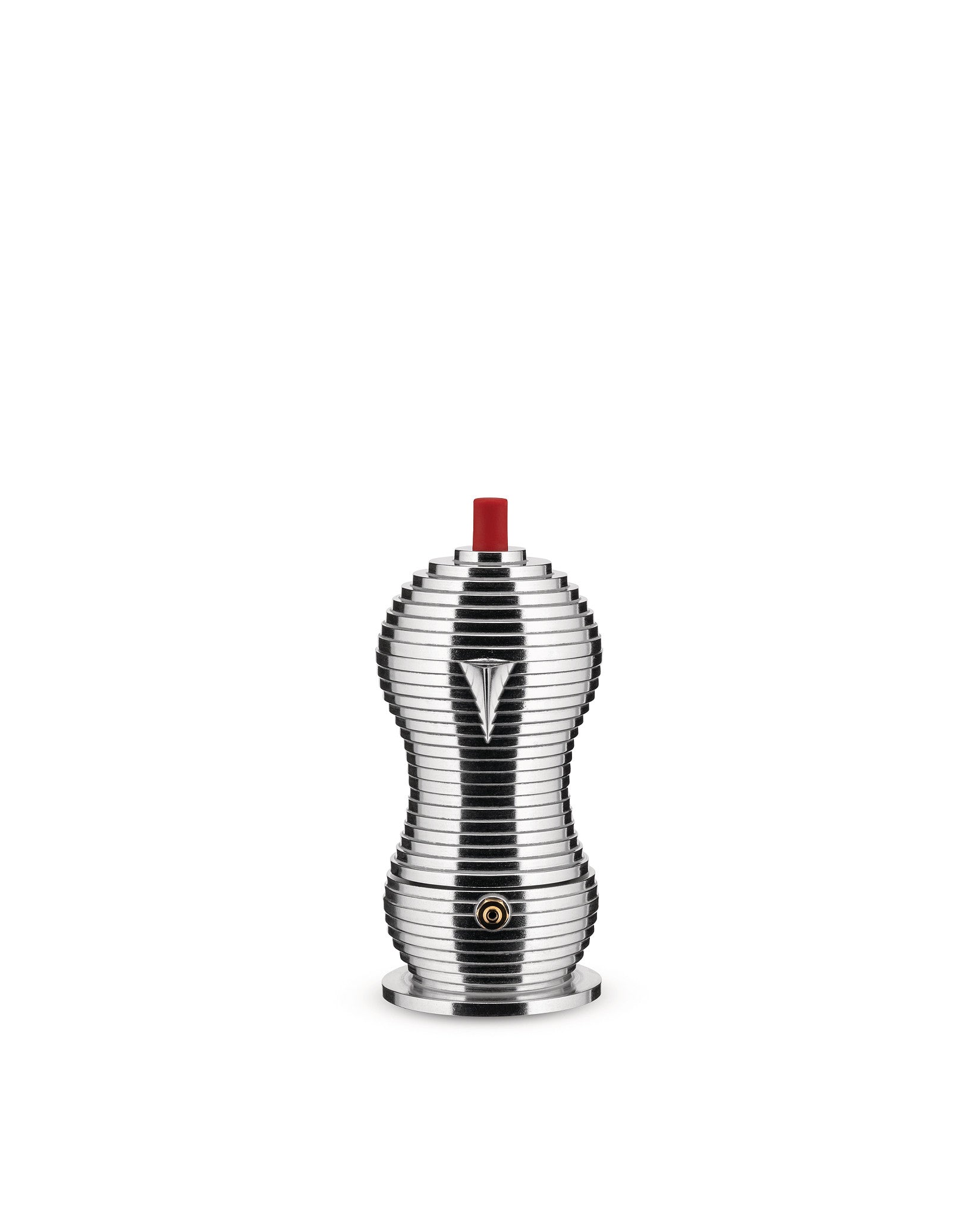 Silver metal coffee maker by Alessi with a ribbed, hourglass shape, featuring a prominent red top and a unique V-shaped spout.
