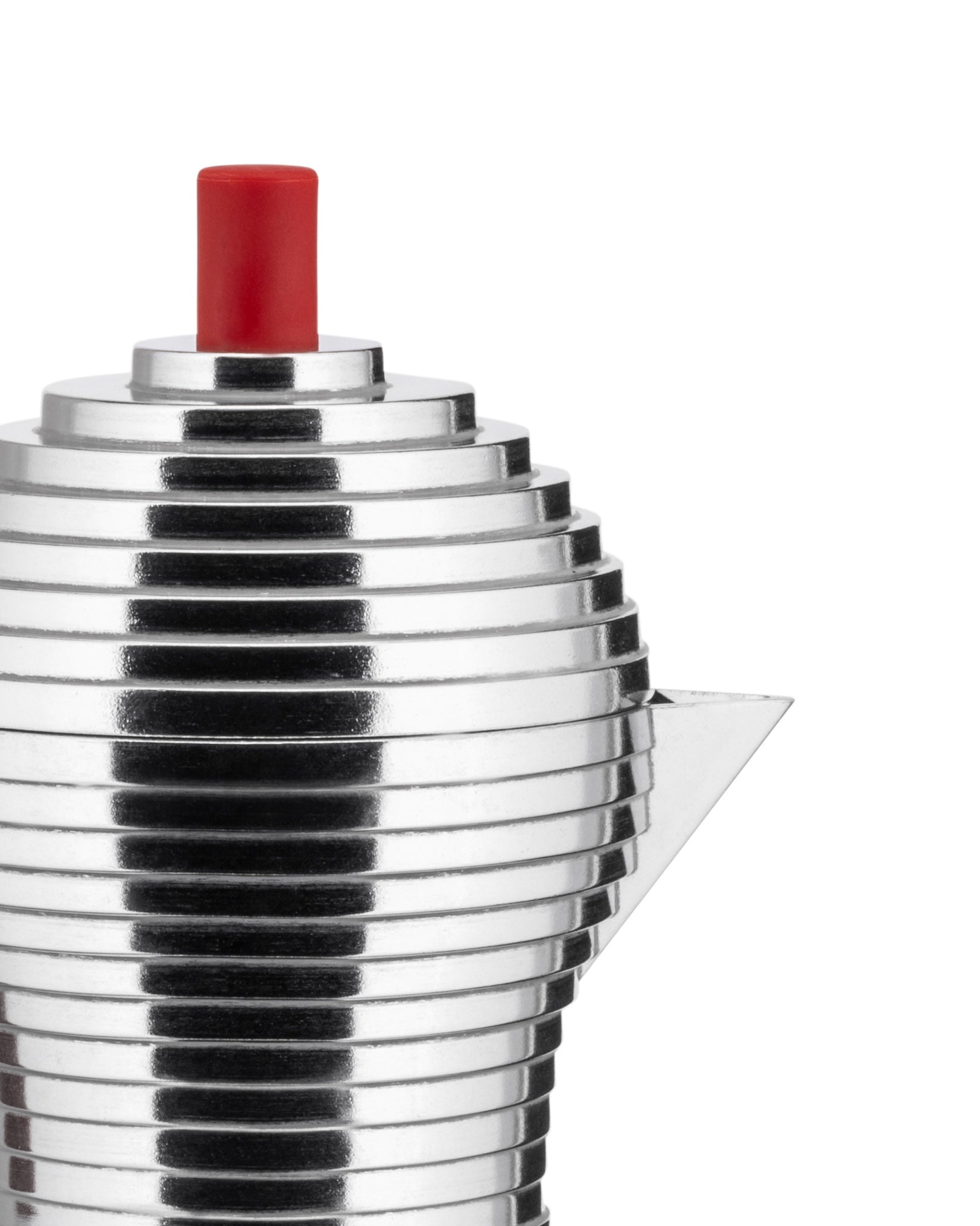 Shiny silver espresso coffee maker by Alessi, featuring a red top knob, a layered body, and a pointed spout.