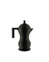 Black Pulcina espresso maker by Alessi, featuring a ribbed and tiered design with a matte finish.