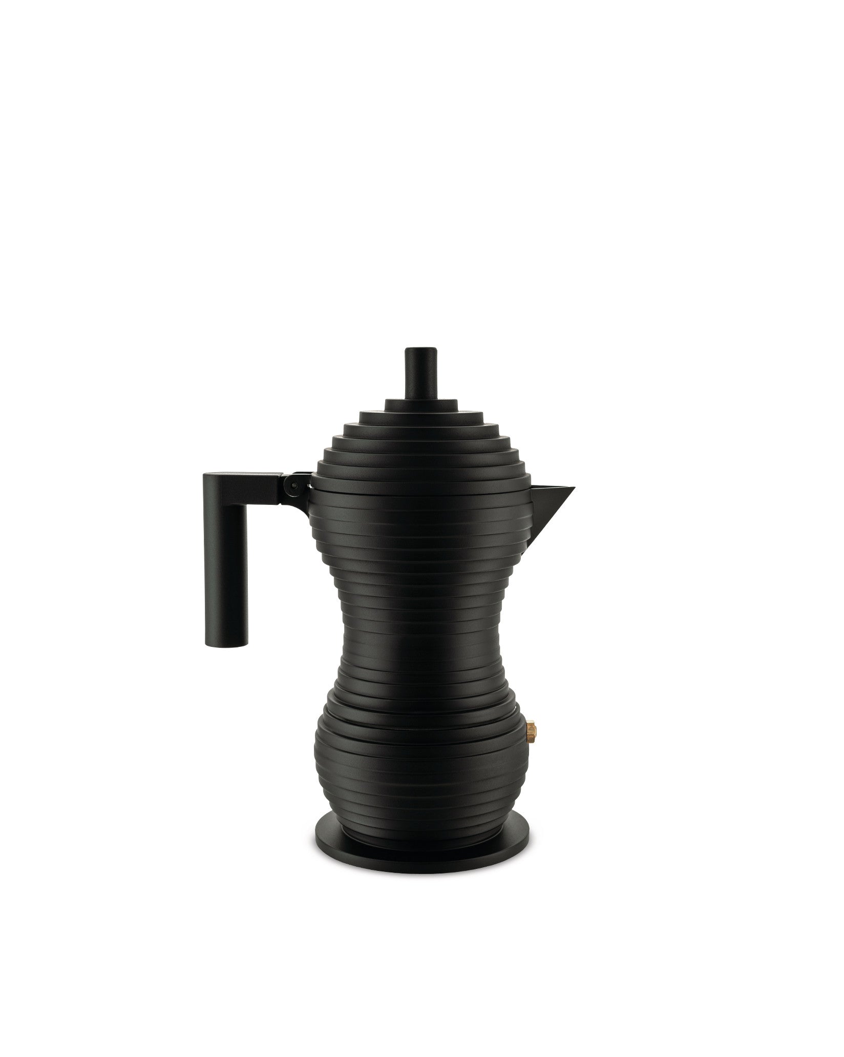 Black Pulcina espresso maker by Alessi, featuring a ribbed and tiered design with a matte finish.