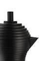 Matte black ribbed coffee maker by Alessi with a triangular spout and cylindrical top, cropped.