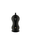Black ridged espresso maker by Alessi with an hourglass shape, triangular spout, and gold pressure valve.
