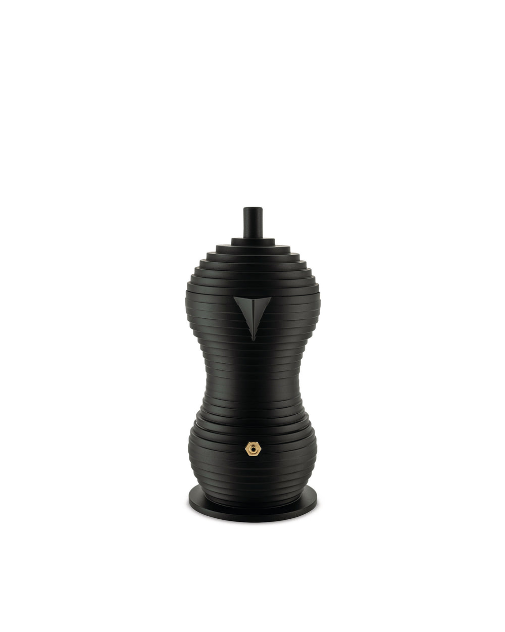 Black ridged espresso maker by Alessi with an hourglass shape, triangular spout, and gold pressure valve.