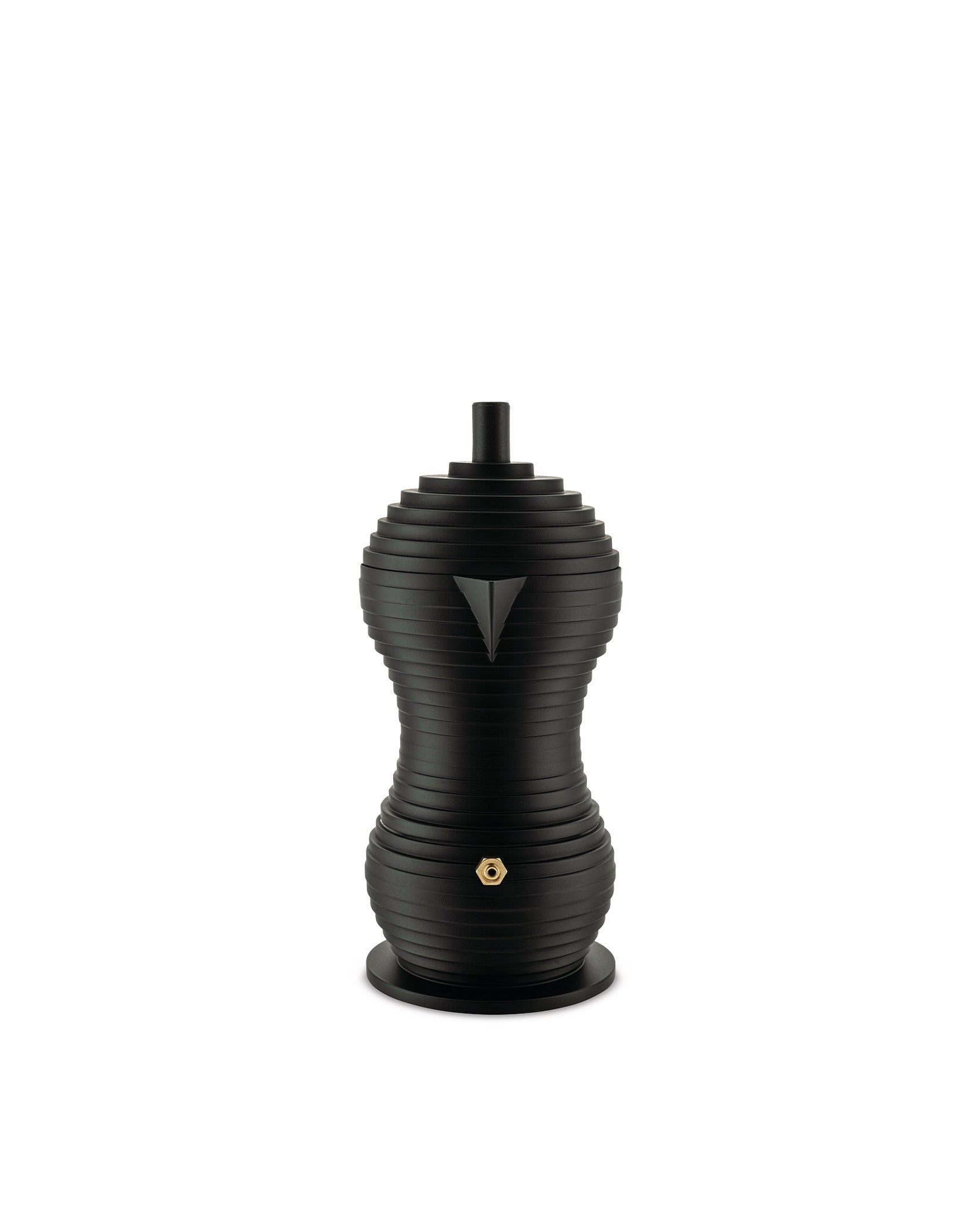 Black ridged espresso maker by Alessi with an hourglass shape, triangular spout, and gold pressure valve.