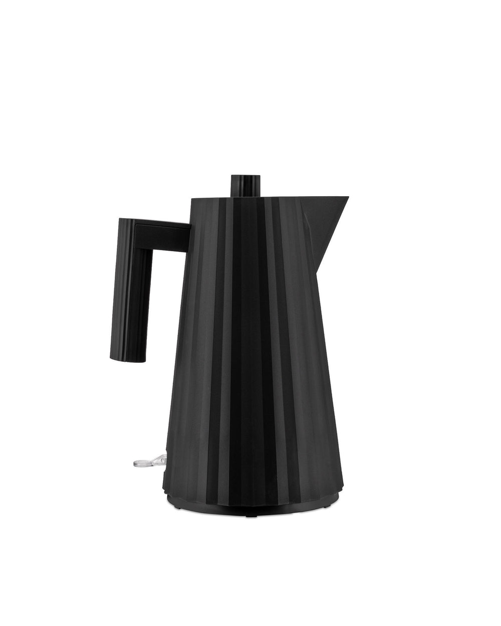 Black pleated electric kettle by Alessi with a matte finish and visible power cord.