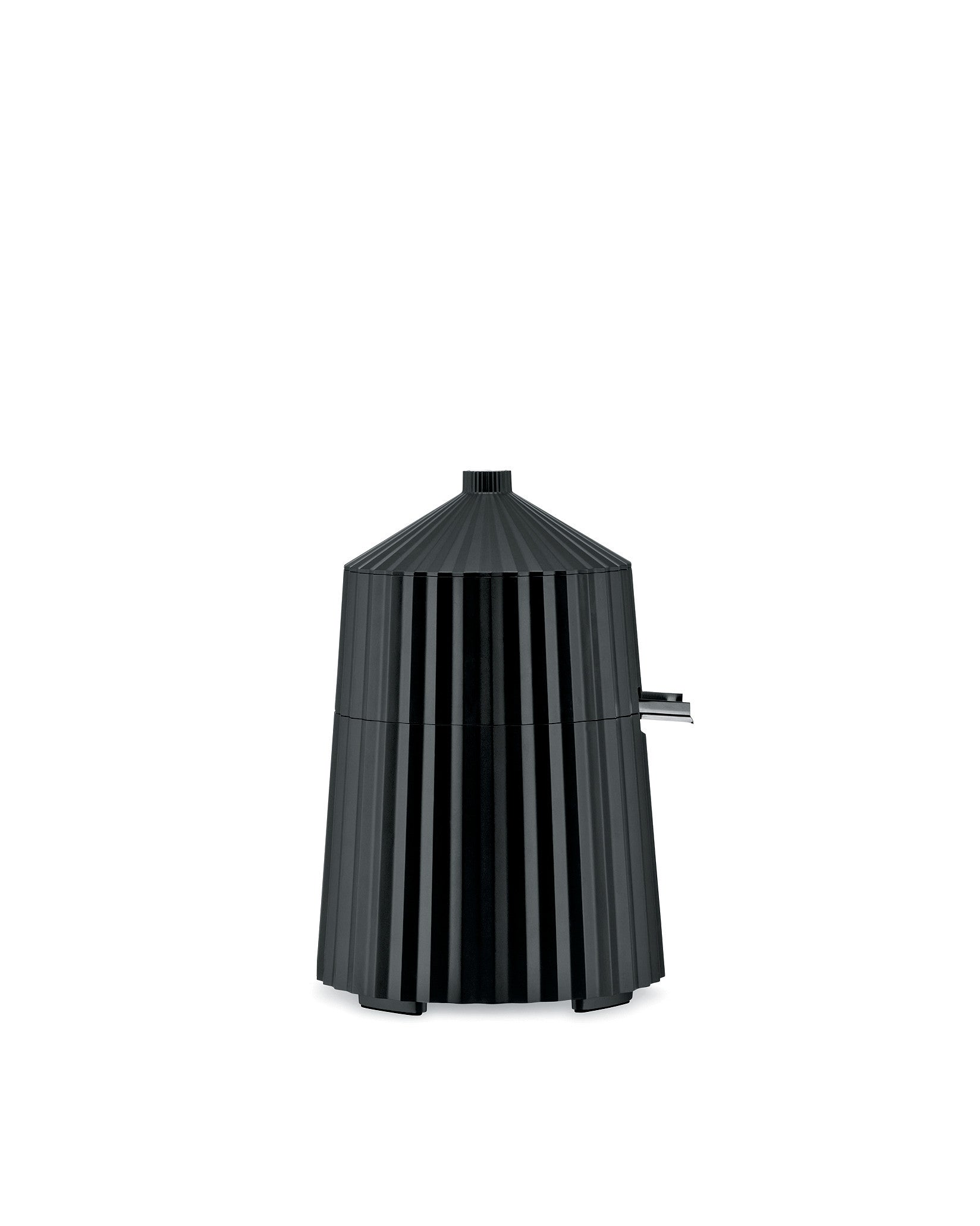 Black pleated electric citrus-squeezer by Alessi with a conical top and small pouring spout.