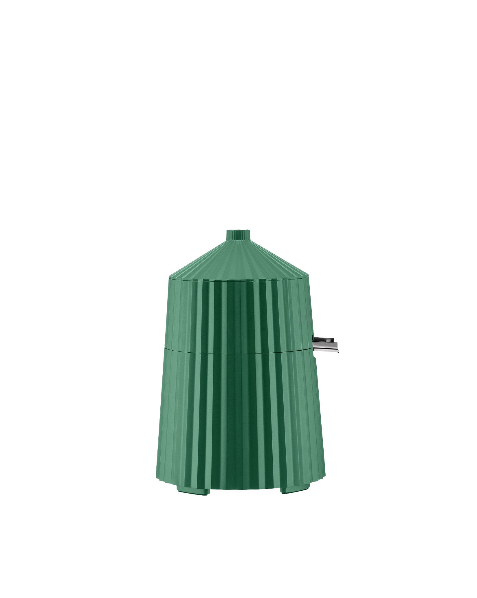 Green pleated kettle by Alessi, with a ribbed conical design and visible side spout.