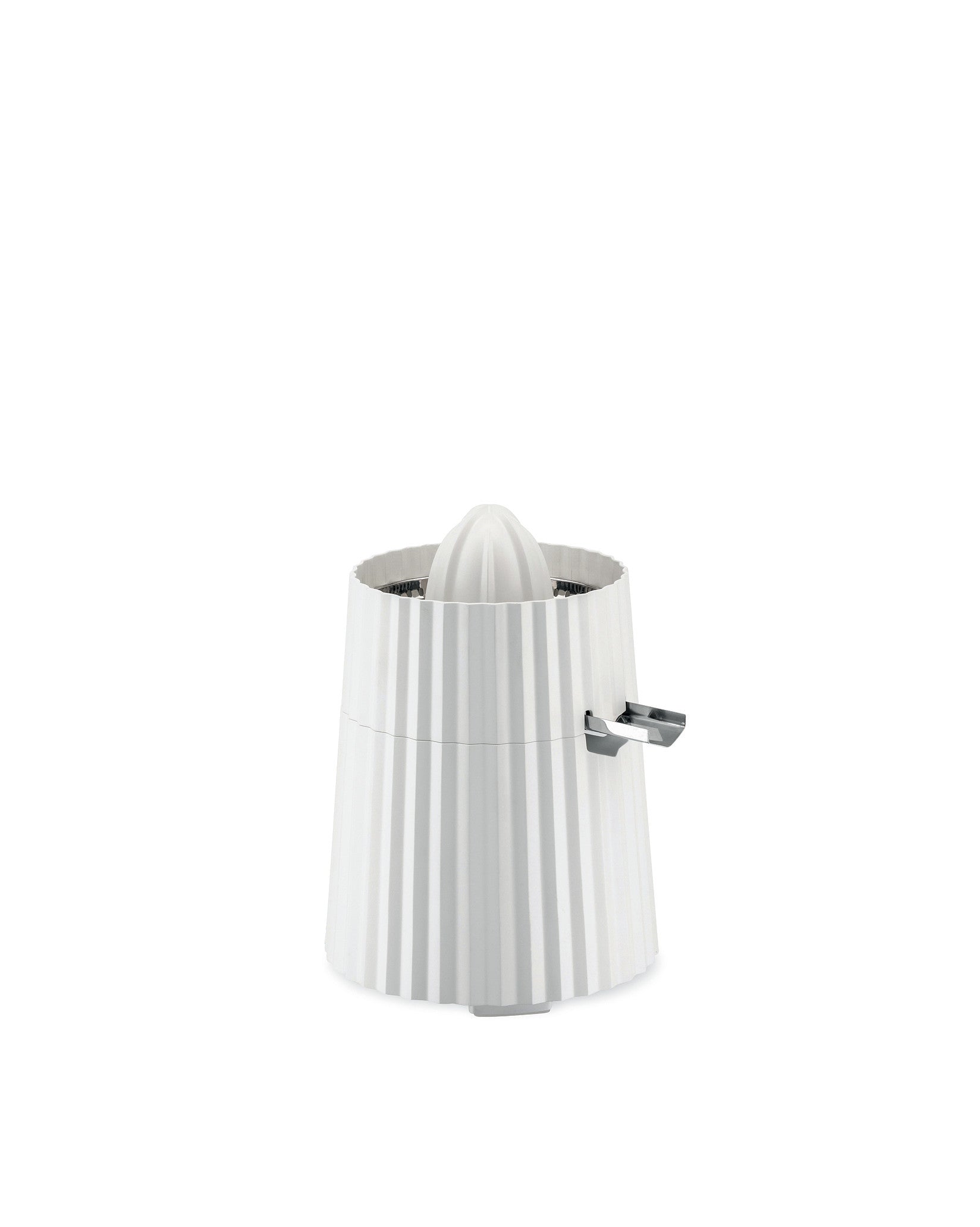White pleated electric juicer by Alessi with a conical reamer and a metal spout.