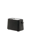 Black ribbed toaster by Alessi with two silver slots, a browning dial, and control buttons on a white background.