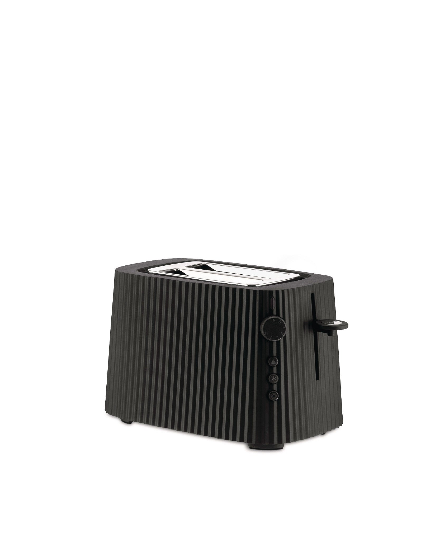 Black ribbed toaster by Alessi with two silver slots, a browning dial, and control buttons on a white background.