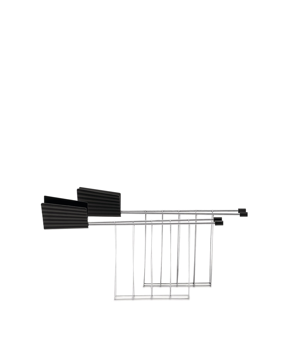 Black and silver Plissé toaster by Alessi, featuring ribbed panels and shiny wire toast racks.