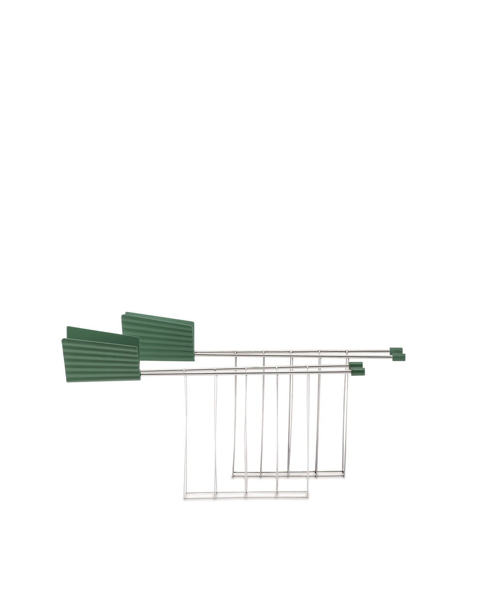 Two green and silver metal toaster racks by Alessi with ridged top panels.