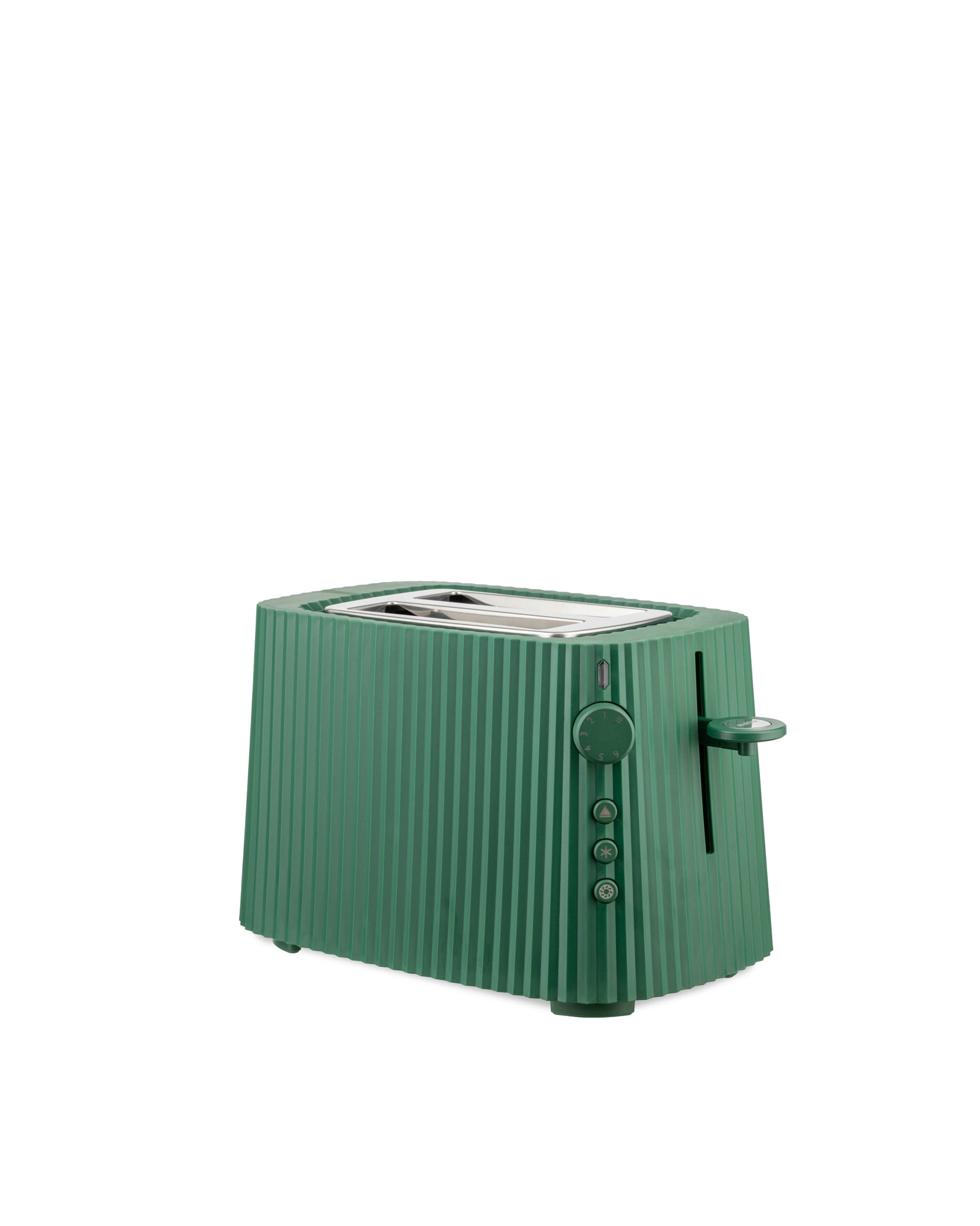 Green toaster with a ribbed texture by Alessi, featuring a toast lever and circular browning control knob.