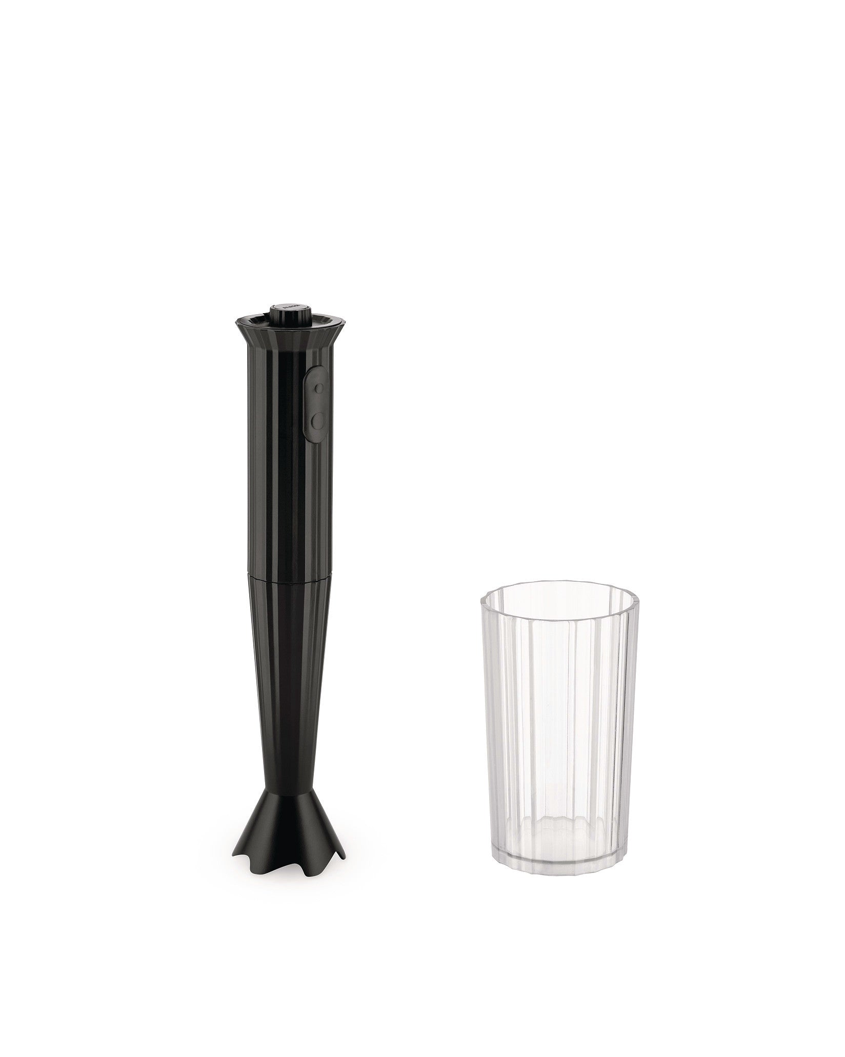 Black hand blender by Alessi with a ribbed design and a clear ribbed measuring cup on a white background.