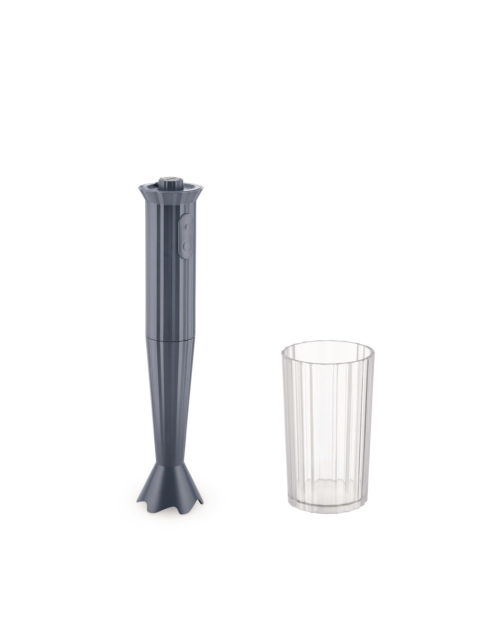 Grey pleated immersion blender by Alessi with a clear ribbed measuring cup.