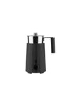 Black ribbed milk frother by Alessi, with a stainless steel pot, handle, and front control panel.