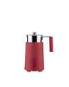 Red pleated electric frother by Alessi, featuring a metallic jug, clear lid, and front control panel.