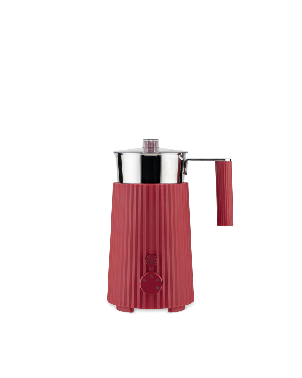 Red pleated electric frother by Alessi, featuring a metallic jug, clear lid, and front control panel.