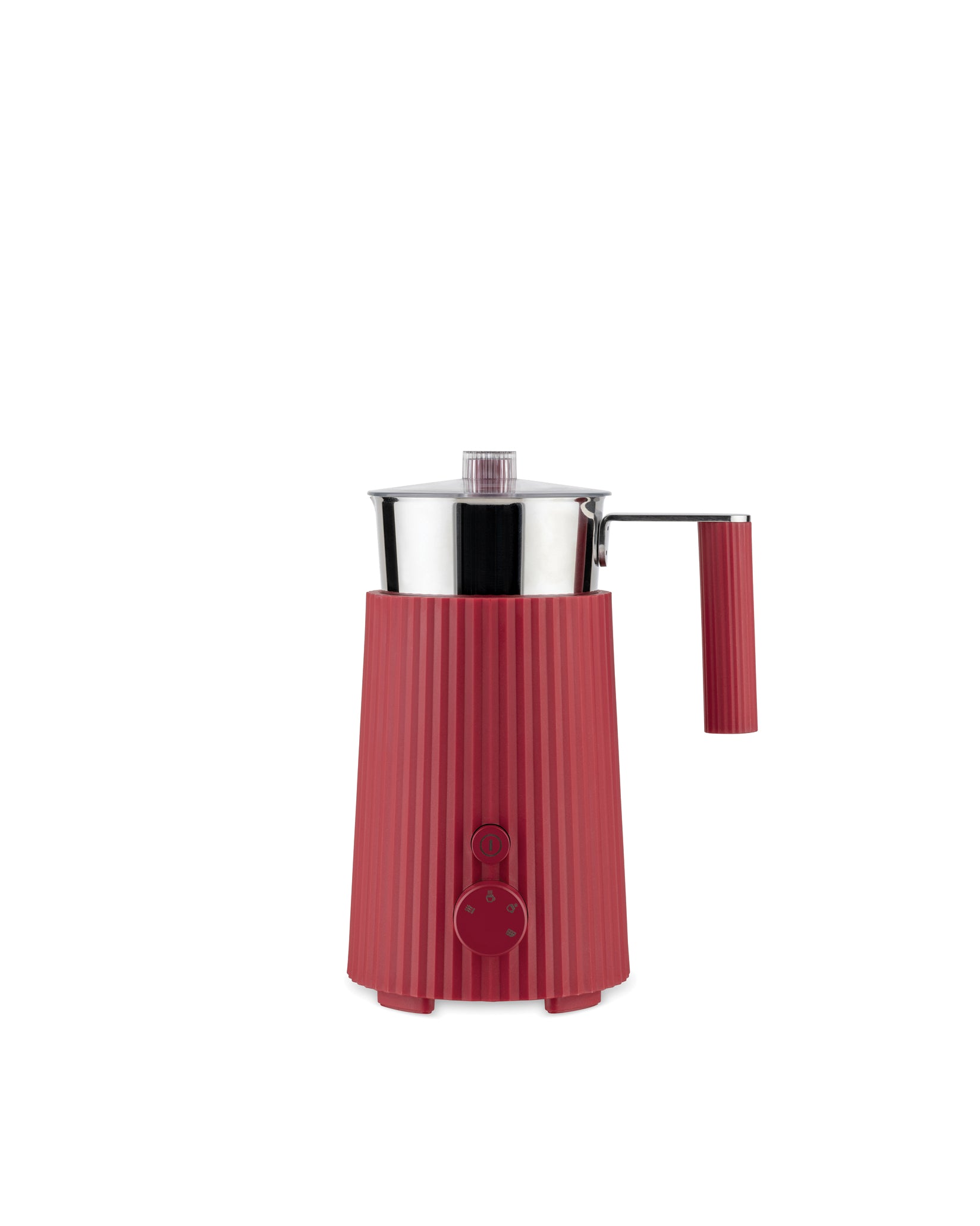 Red pleated electric frother by Alessi, featuring a metallic jug, clear lid, and front control panel.