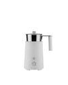 White milk frother by Alessi with a ribbed texture, shiny chrome pot, and a front-facing control panel.