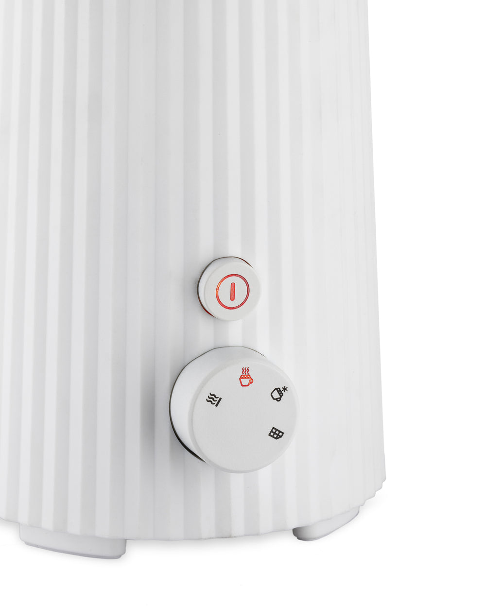 White ribbed electric beverage frother by Alessi, with a power button and selection dial featuring beverage icons.