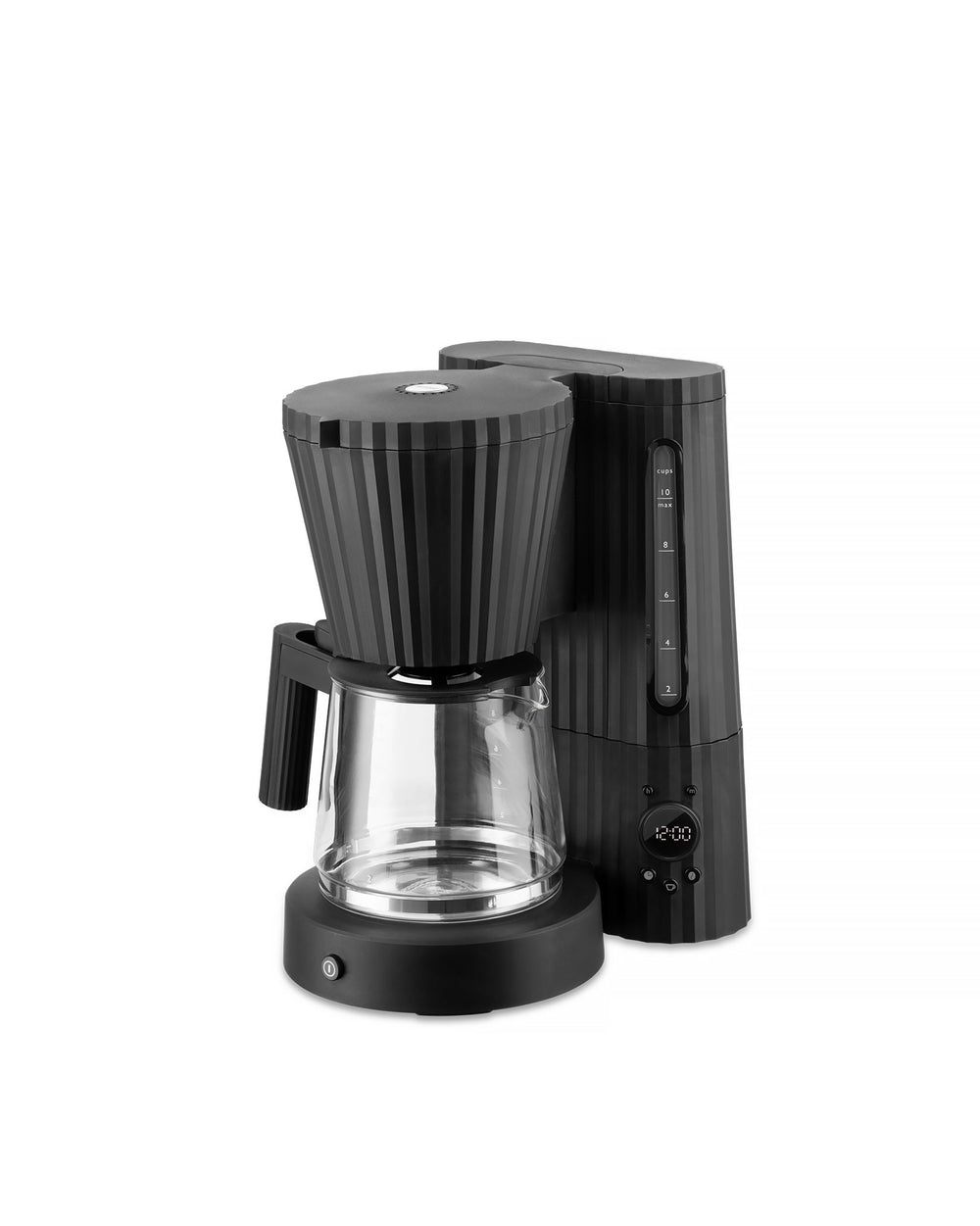 Black coffee machine by Alessi with a ribbed texture, clear glass carafe, and digital clock showing 12:00.