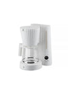 White ribbed coffee maker by Alessi, featuring a glass carafe and digital clock showing 12:00.