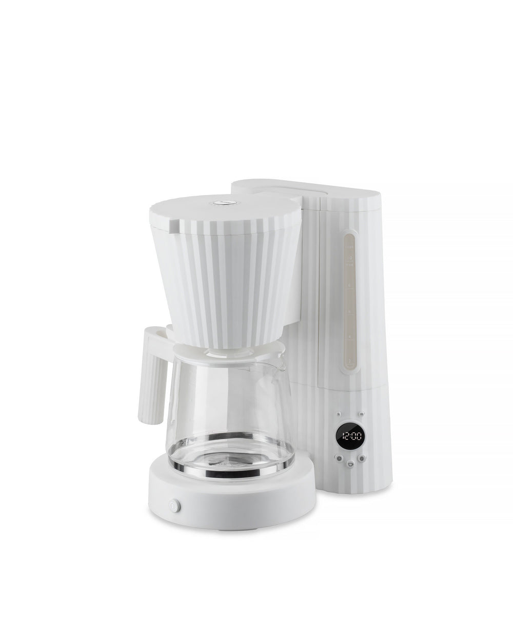 White ribbed coffee maker by Alessi, featuring a glass carafe and digital clock showing 12:00.