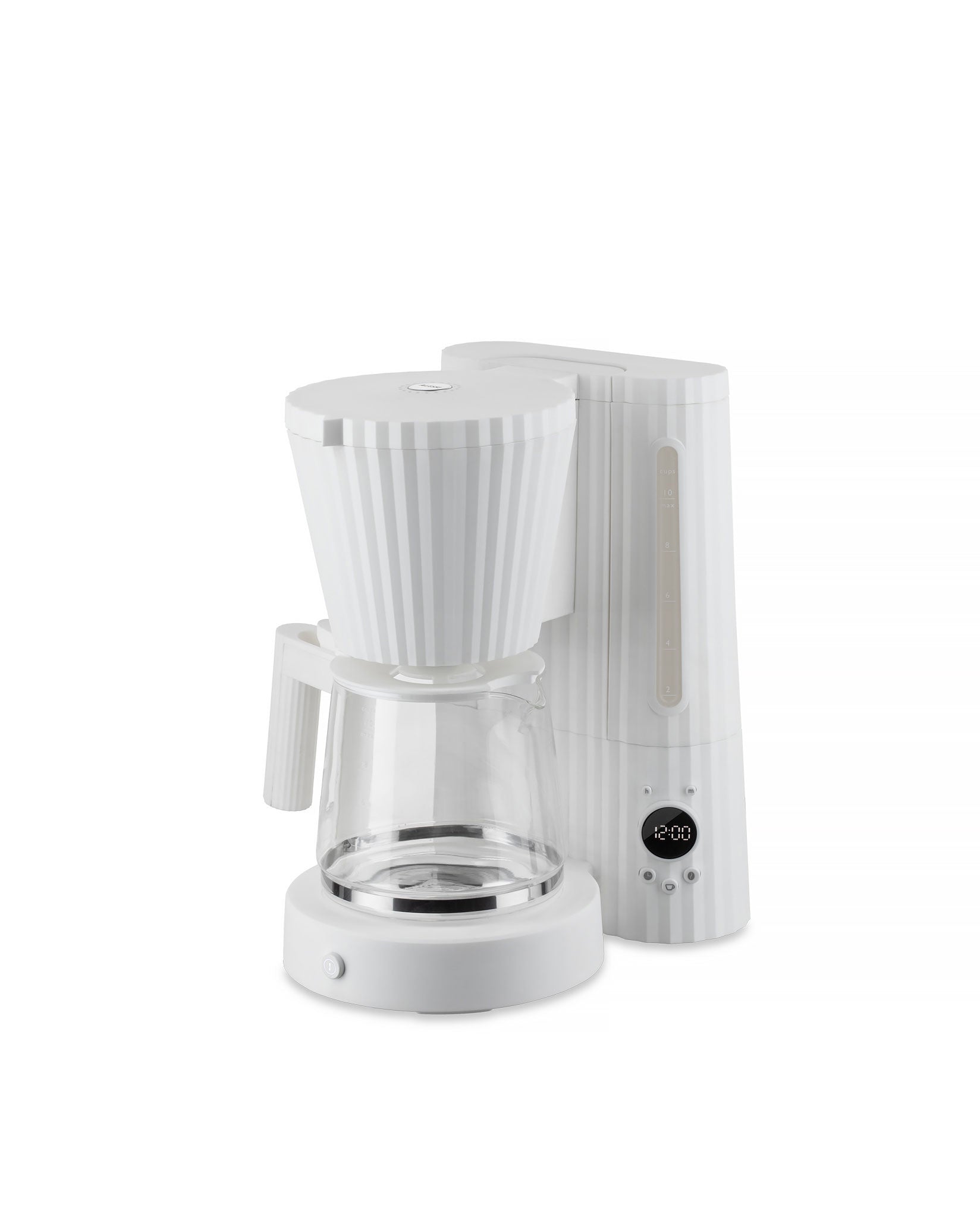 White ribbed coffee maker by Alessi, featuring a glass carafe and digital clock showing 12:00.