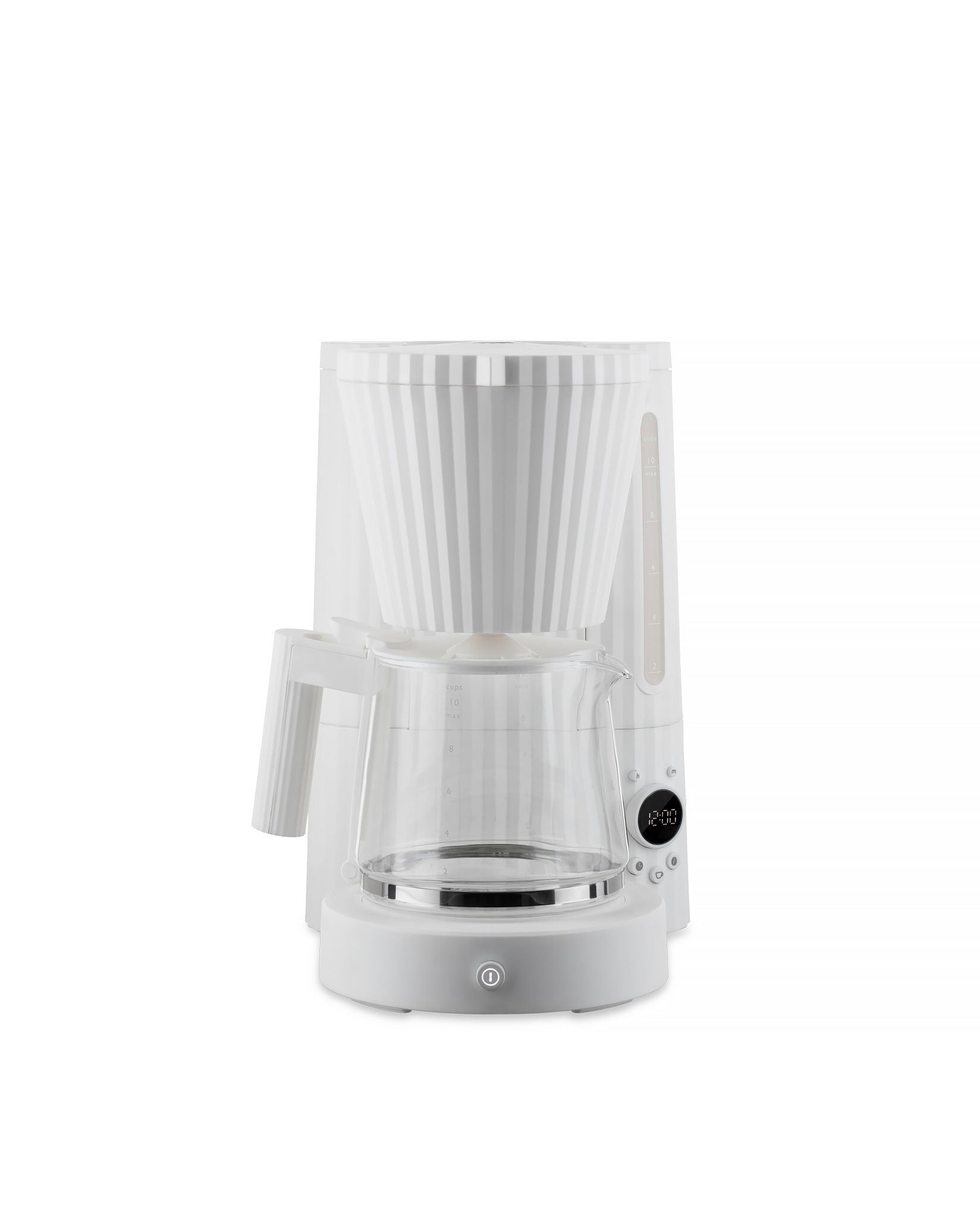White pleated coffee machine by Alessi with a transparent glass carafe and digital clock on a white background.
