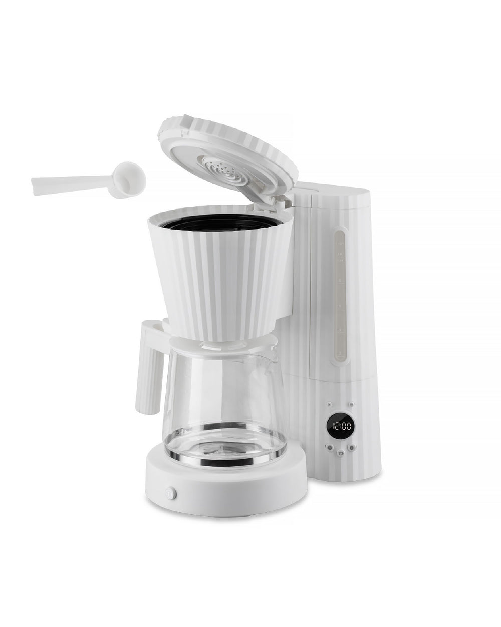 White ribbed coffee machine by Alessi with an open lid, glass carafe, and a measuring scoop.