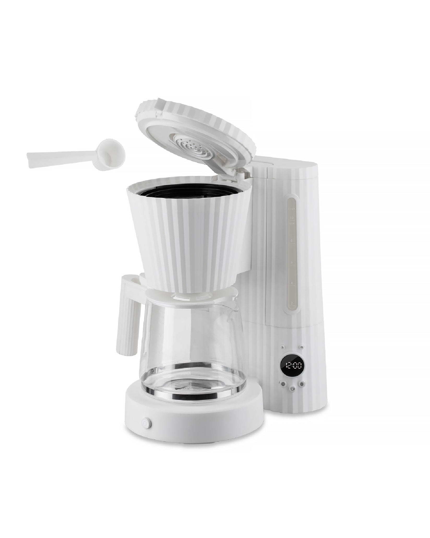 White ribbed coffee machine by Alessi with an open lid, glass carafe, and a measuring scoop.