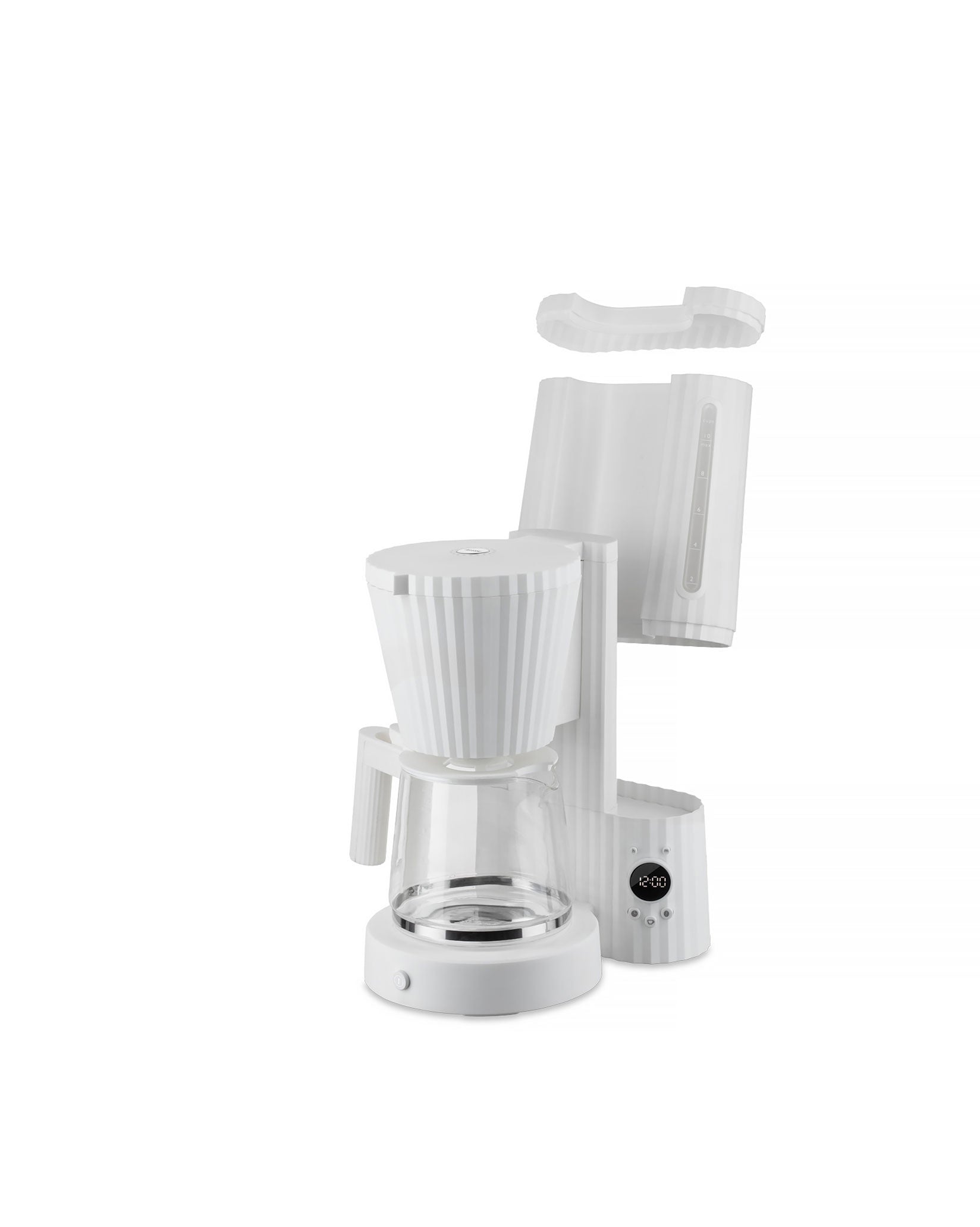 White modern coffee maker by Alessi in an exploded view, showcasing ribbed parts, a glass carafe, and a digital clock display.