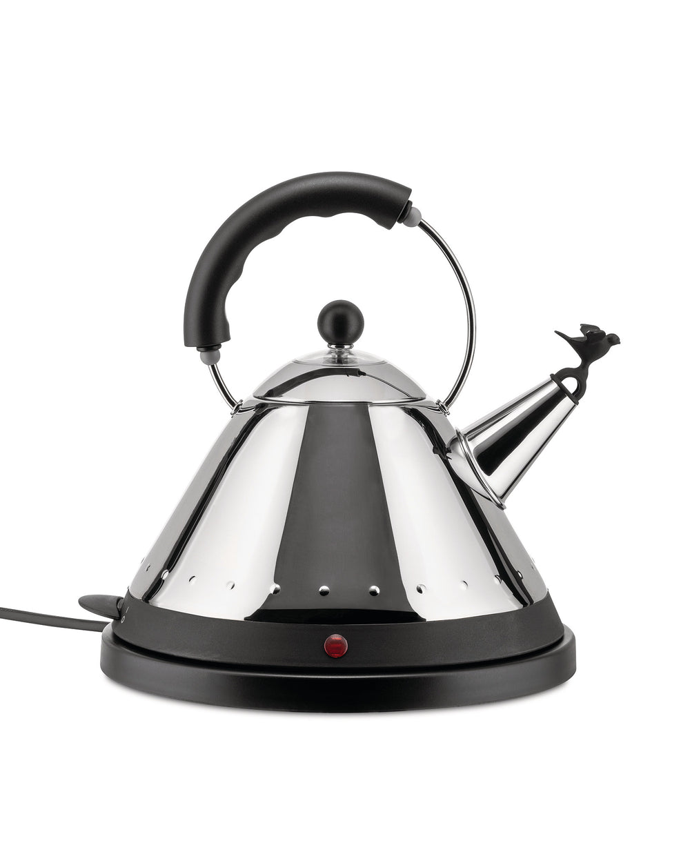 Silver and black electric kettle by Alessi, featuring a conical perforated body, a black handle, and a unique bird-shaped whistle.