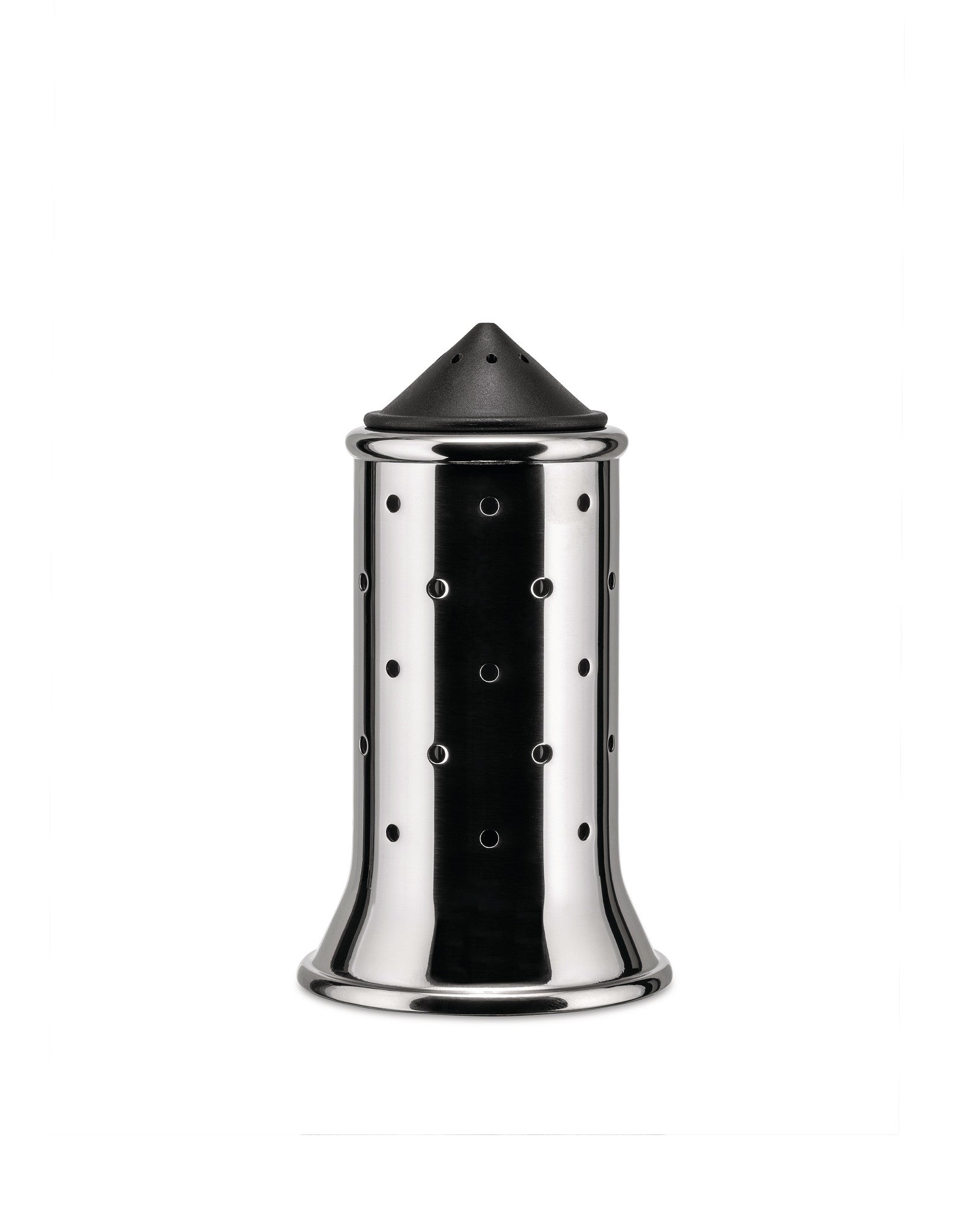 Shiny stainless steel cheese grater by Alessi with a black conical dispensing top and perforated body.