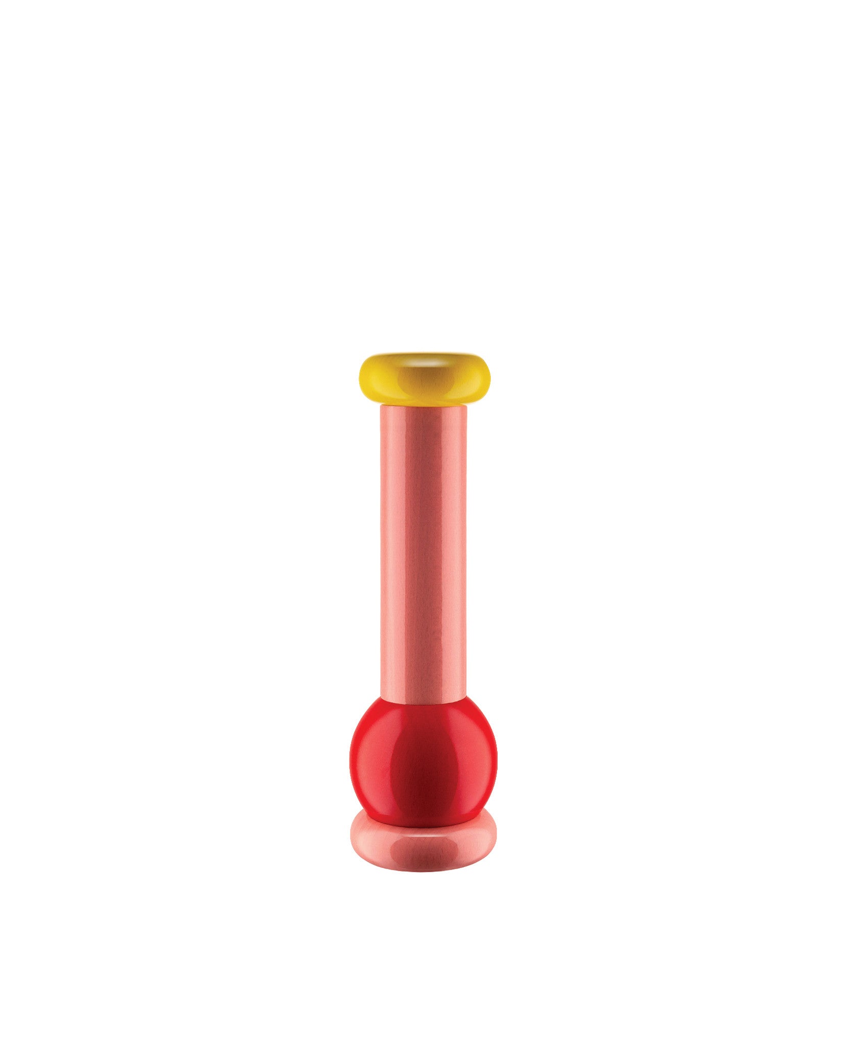 Colorful pepper mill by Alessi with yellow top, pink cylinder, red ball, and pink base.