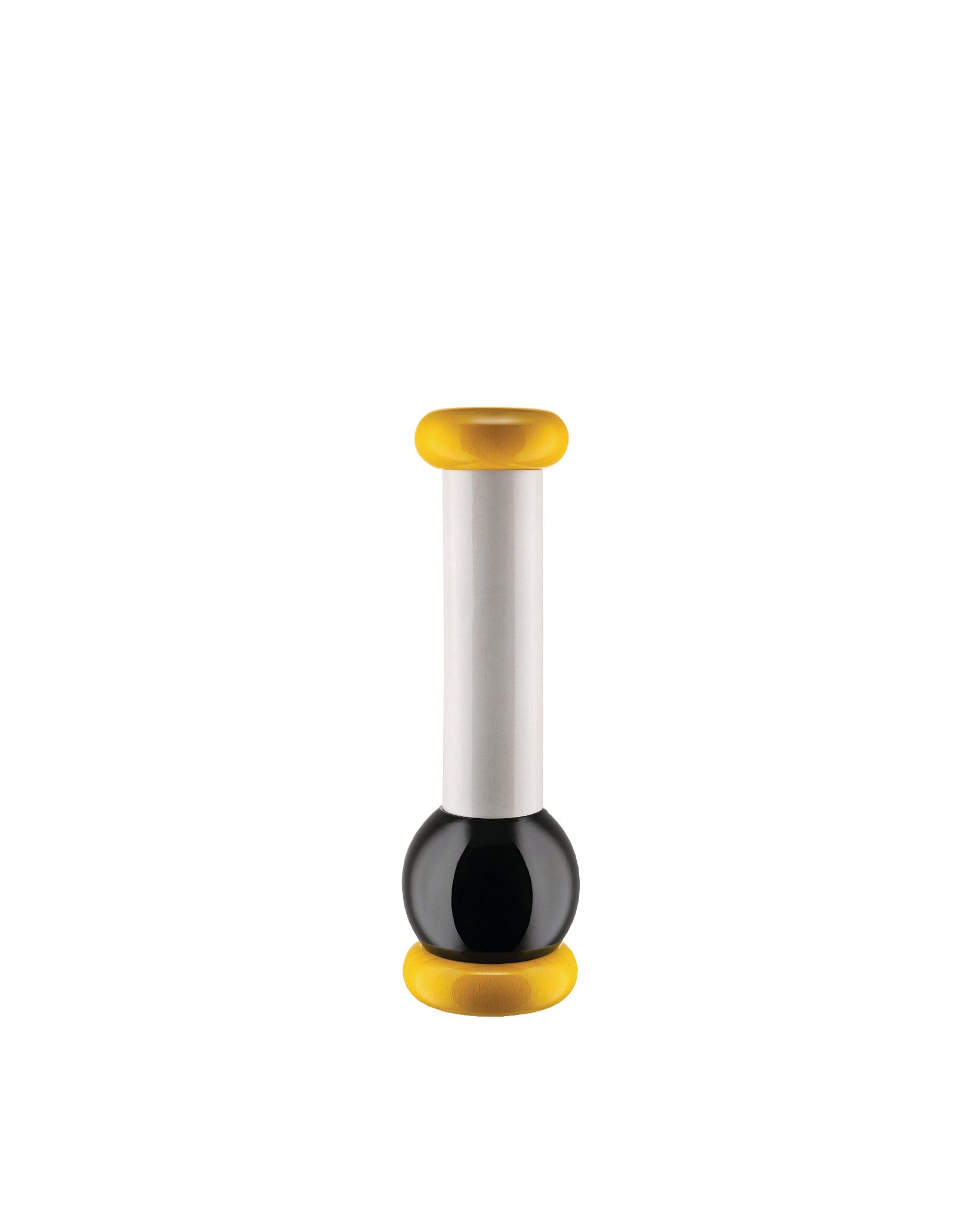 Yellow, white, and black pepper mill by Alessi with a cylindrical body and spherical base.