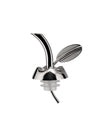 Shiny silver oil pourer by Alessi with a curved spout and decorative leaf details, featuring a translucent stopper.