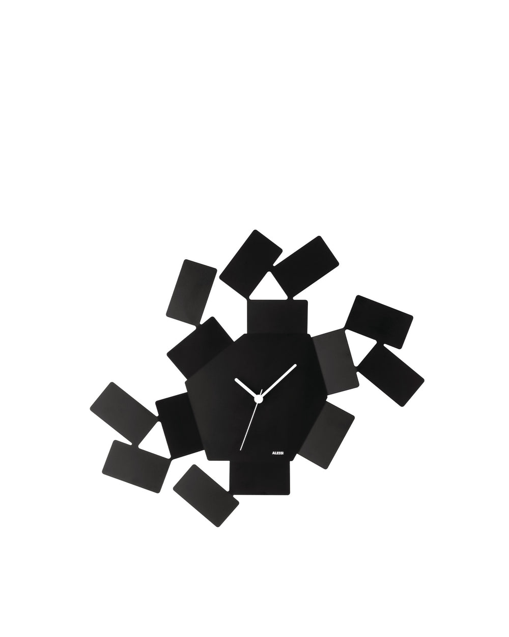 Black geometric wall clock by Alessi, featuring deconstructed rectangular and triangular shapes around a central hexagonal face with white hands.