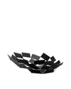 Black modern fruit bowl by Alessi, made of interlocking geometric metal panels.