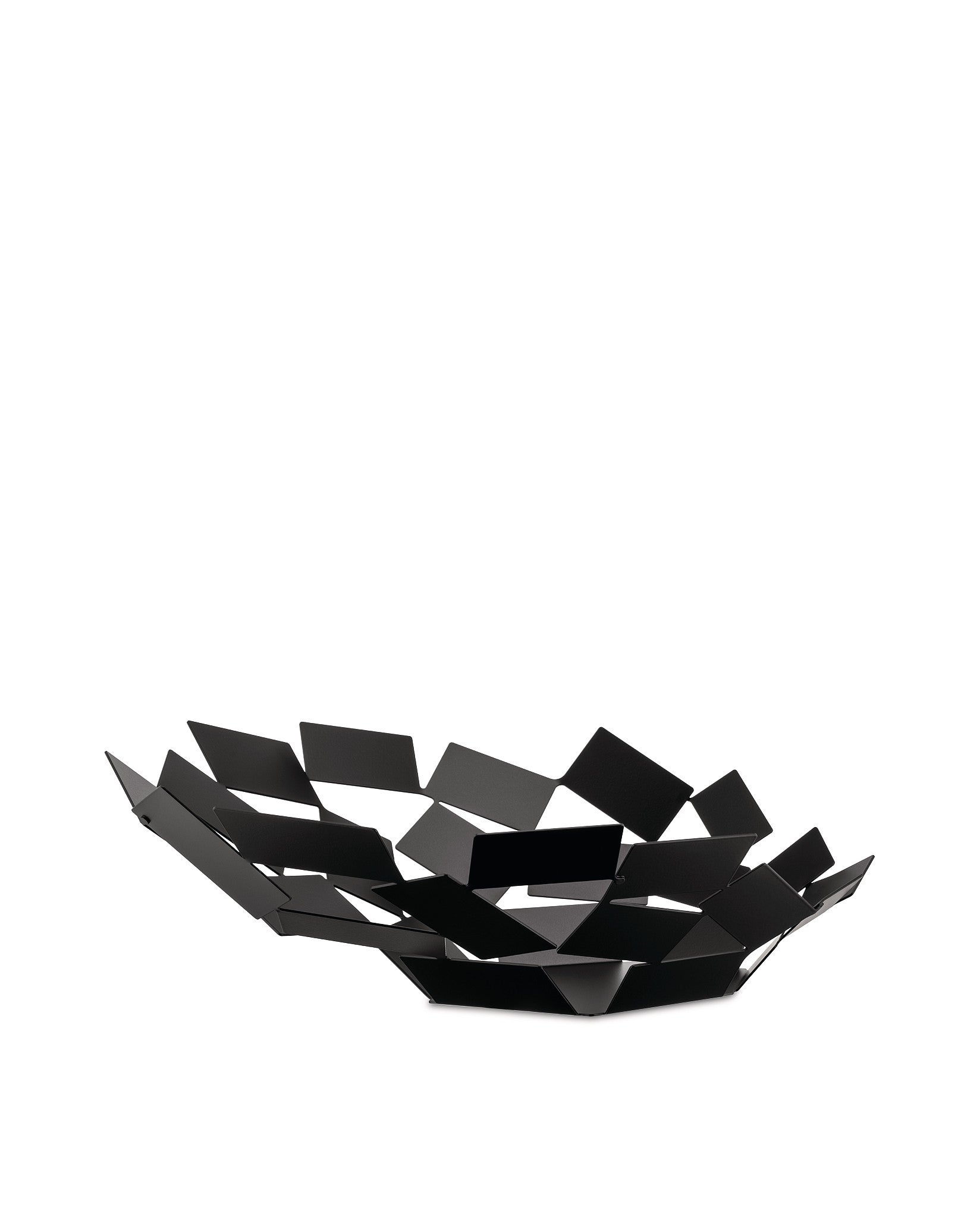 Black modern fruit bowl by Alessi, made of interlocking geometric metal panels.