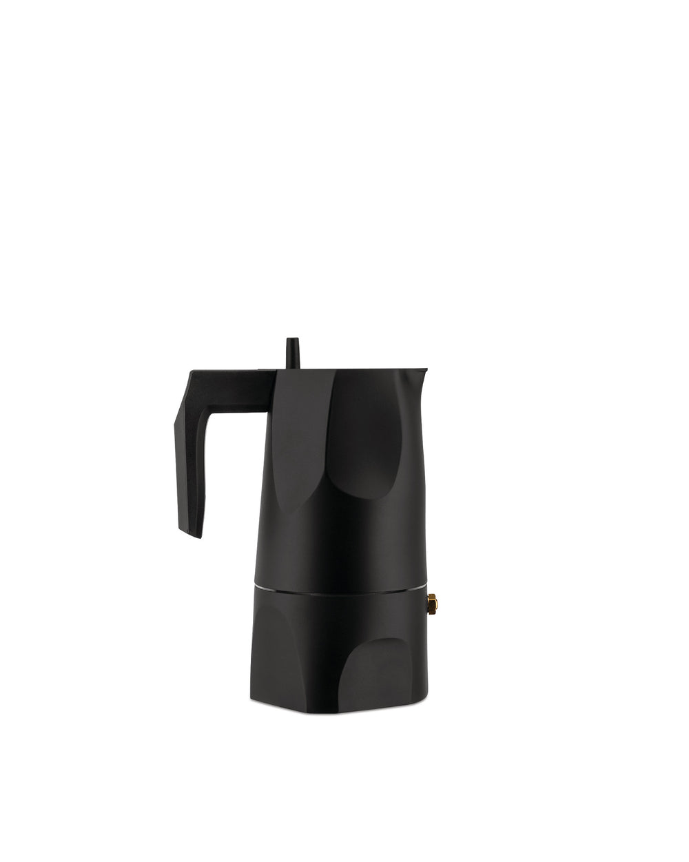 Black moka pot by Alessi with a modern faceted design, shown from the side.